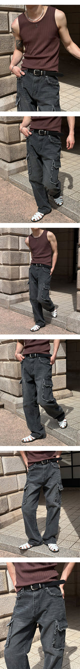 [Unisex] フリンジカーゴデニムパンツ(3color)