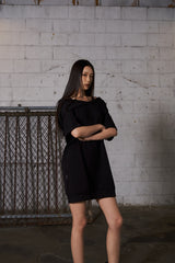 2Way Big Hood Off-Shoulder Mini Dress - Black