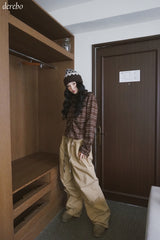 wool cotton shirring checkered long-sleeved shirt