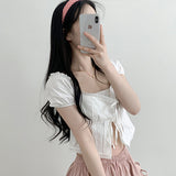 Sito Ribbon Lace Puff Short Sleeve Blouse