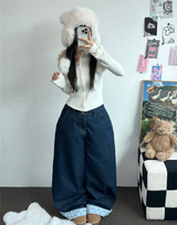 RIBBON🎀WIDE RIBBON ROLL-UP DENIM PANTS 🩵🎀
