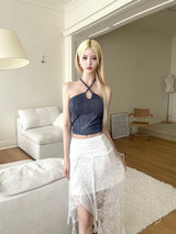 1370. Lace slit ribbon long sk (2color)
