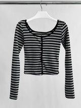 オーウェンストライプワイドユーネックロングスリーブTシャツ