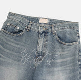 Crystal lettering washed denim pants