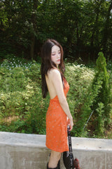 orange deep V-neck halter neck mini dress