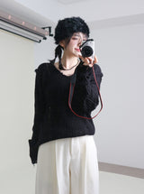ラバーVネックダメージカットポイント長袖ニット (wool material)