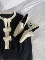 Quiet Bow Ribbon Trim Contrast Knit Long Sleeve Top