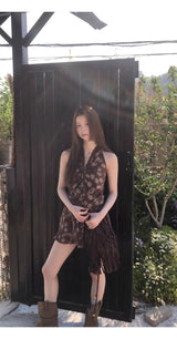 brown ethnic sleeveless skirt two-piece