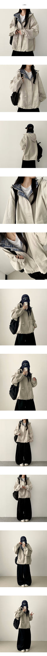 Cumin check color lining cotton boxy hoodie jumper