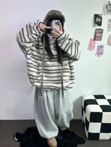 ストライプフリースワンサイドストリングアノラックニットスウェット 💙🩶🧡3COLOR