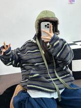 ストライプフリースワンサイドストリングアノラックニットスウェット 💙🩶🧡3COLOR