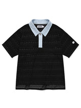 CUT OFF COLLAR POINT LACE SHORT SLEEVE KNIT [BLACK]