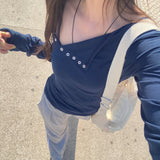 ドド スナップボタン オフショルダー ボートネック パネルド ロングスリーブ Tシャツ (5 Colors)