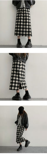 Carball Back Slit Checkered Banding Long Skirt