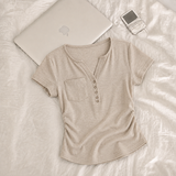 Side Shirring T-shirt Manto Henley Neck Short Sleeve (5 colors)