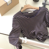 マロンUネックリブストライプTシャツ