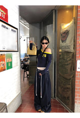 アンバランスオフショルダーブロックコアロングスリーブTシャツ