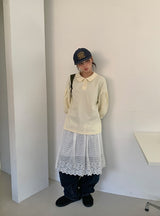 Cucar Lace Layered Banding Midi Skirt