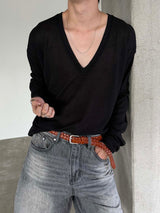 Linen deep v neck knit(4color)