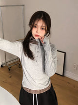 ボーダーレイヤードハイネックウォームフードTシャツ (3color)