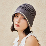 VA Top Button Knit Crochet Bucket Hat / Gray