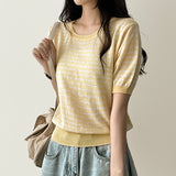 Lean-Linen カラーストライプダンガラ半袖ニット [Round Neck & V-Neck]