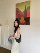 Slit shirring flower long sleeveless dress
