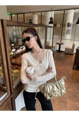 New wear レース Vネック ニット 長袖 Tシャツ