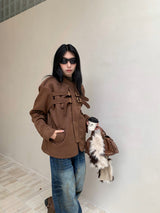 Suede lace-up no-collar jacket