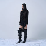 OFF SHOULDER SHIRRING CUT-OUT TOP (BLACK)