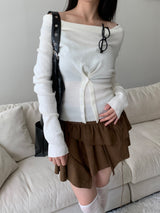 First Muse Off-Shoulder Front Button Long Sleeve Knit Top (2 Colors)