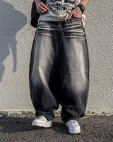 Sand Washing Wide Balloon Denim Pants