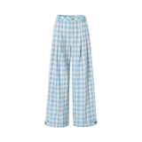 Why Berry 24SS "Refreshing and Easy to Wear" ブルーアンドホワイトチェッカーパンツサマーパンツルーズカジュアルワイドレッグスパンツ