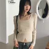 Coil Chiffon Layered Square Neck Slit V-Neck Knitwear