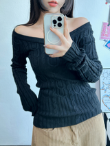 OFF SHOULDER TWISTED SLIN LONG KNIT 🩶🤍🖤3COLOR