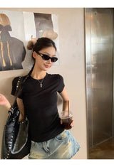 バックシースルービーズブラックラウンド半袖Tシャツ