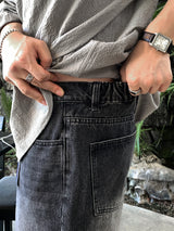Look ピエールヴィンテージウォッシュドバックバンディングワイドデニムハーフパンツ