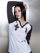 ANTIQ CROSS PONY LONG RAGLAN V-NECK SLEEVE T