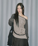 Cross Ornament Off Shoulder Raglan Long Sleeve - LIGHT BEIGE