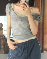 Kiha Lace See-Through Puff Cropped Short-Sleeved T-Shirt