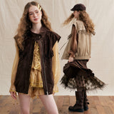 Camel Western Fringe Laser-Punched Suede Crop Vest