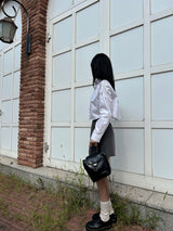 Twill shoulder ribbon shirring loose fit crop shirt (2 colors)