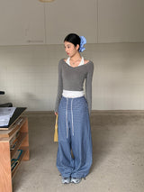 Blue Check Wide Casual Pants