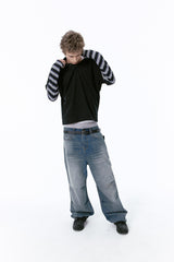 (BASE) LAYERED STRIPE POLO L/S TEE (NAVY)