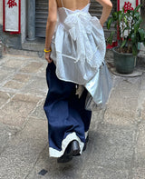 Lace Dark Denim Banded Waist Wide Pants