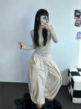 FLEECE❤SIDE SHIRRING STRIPE CROPPED LONG SLEEVE T SHIRT 🧸🤎🩶🩵3COLOR