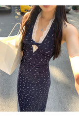 Navy Halterneck Flower Long Dress