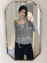 BN Check Frill Bustier + Cardigan + Tie Set (3color)