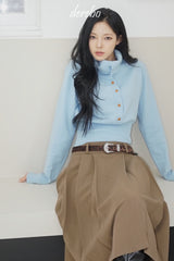 Sky blue high-neck button long-sleeved knitwear
