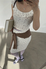 ソフト フラワー フリル トップ アンド ミディスカート セット (IVORY, BROWN 2COLORS!)
